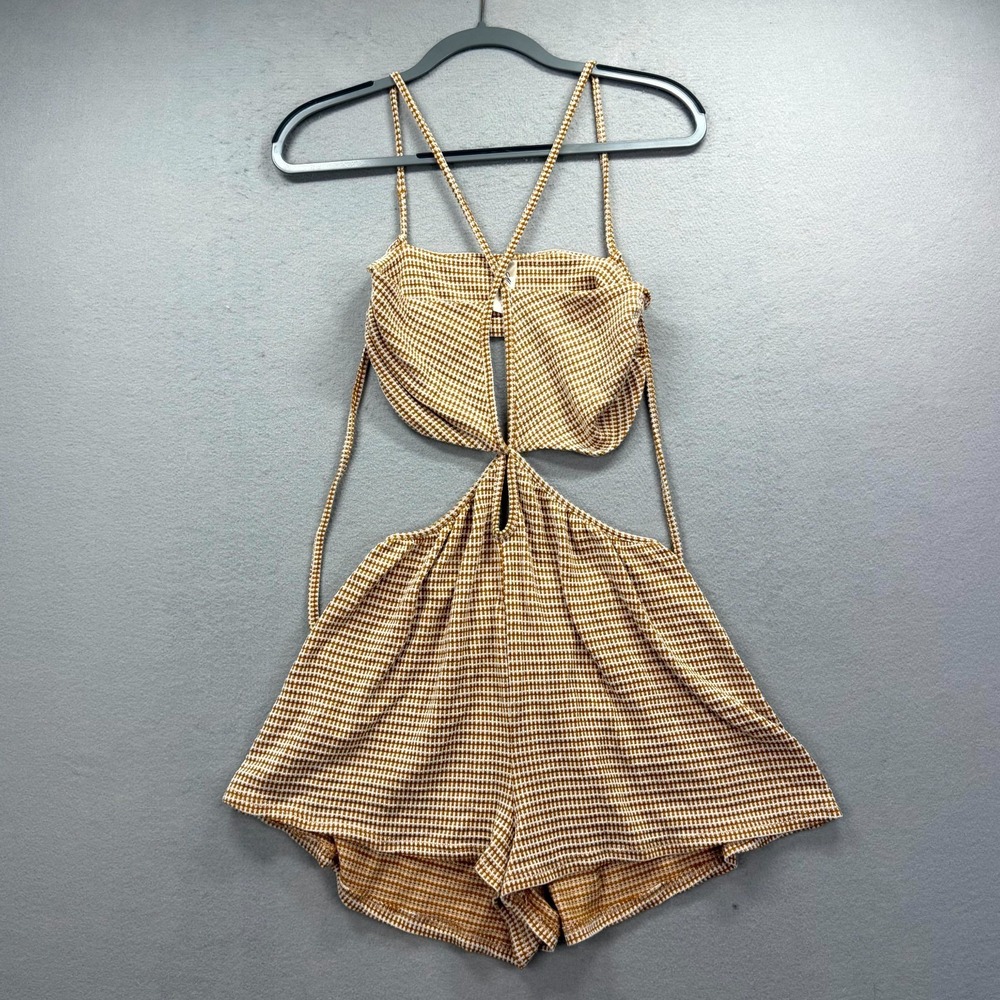 Mahina Short Romper Womens S Brown White Cut-Out Coastal Beach Spaghetti Strap